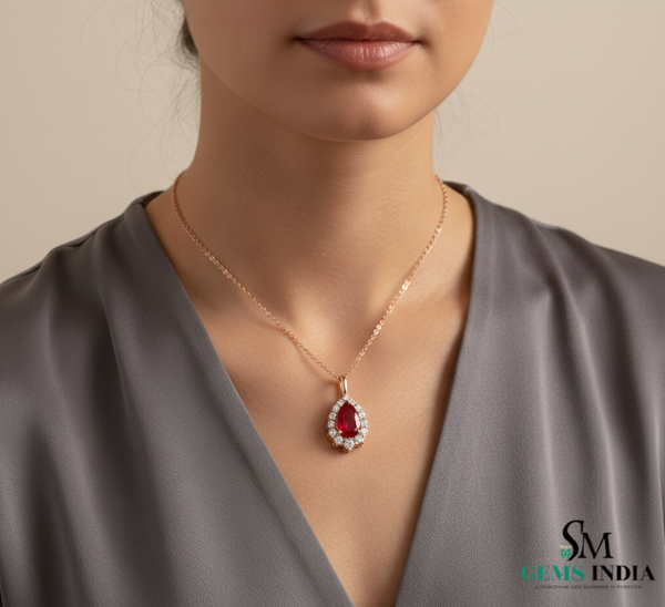 Pear Cut Natural Ruby and Diamond Halo Pendant in 14K gold