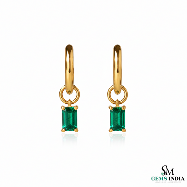 Emerald Cut Emerald Drop Hoop Earrings in Gold – Dainty Emerald Huggie Earrings