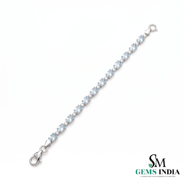 Oval Aquamarine Tennis Bracelet with Diamond Accents - Gift for Wife