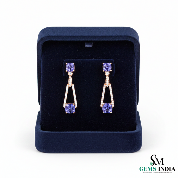 Cushion Cut Tanzanite & Diamond Drop Earring - Luxury Gold Jewelry