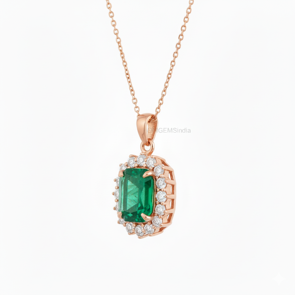 Natural Cushion Emerald Necklace in 14K Gold Diamond Halo Pendant for Her
