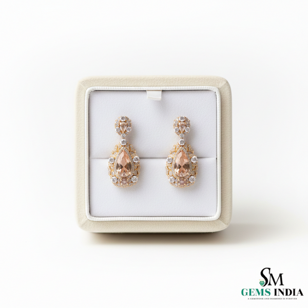 Elegant Pear Morganite Diamond Cluster Drop Earrings - Wedding guest jewelry