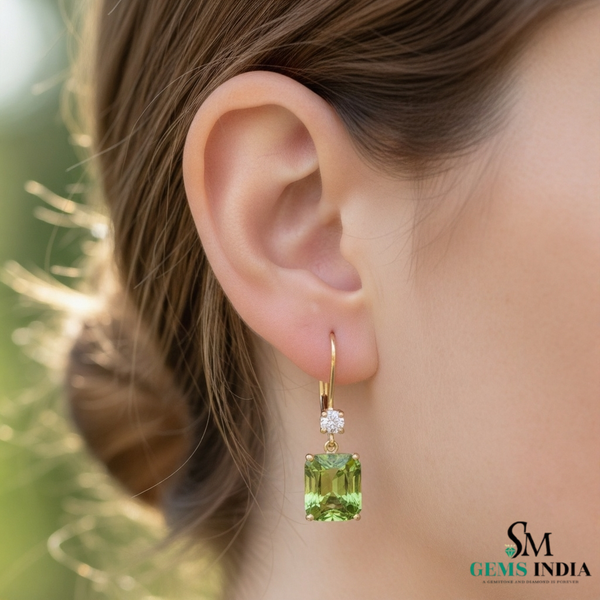 Emerald Cut Natural Peridot Diamond Dangle Earrings - Fine Jewelry Earrings