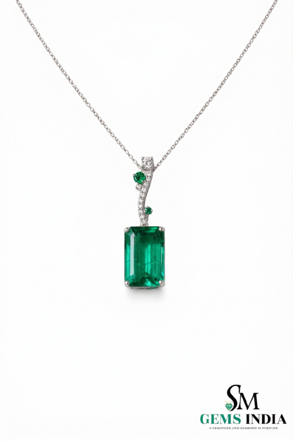 Elegant Emerald Birthstone Pendant for Women-Baguettes Green Emerald & Diamond Pendant