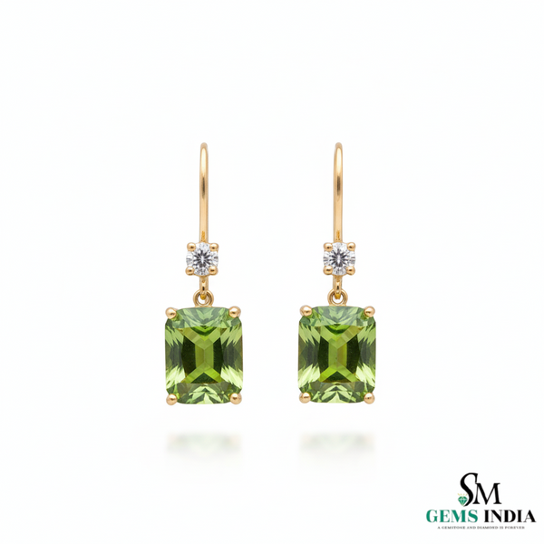 Emerald Cut Natural Peridot Diamond Dangle Earrings - Fine Jewelry Earrings