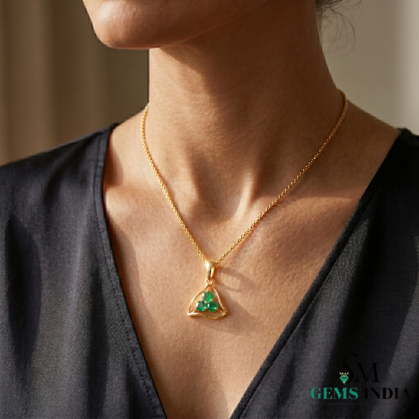 Triangular Emerald Cluster Pendant Dainty Three Stone Emerald Pendant - Minimal Fine Jewelry