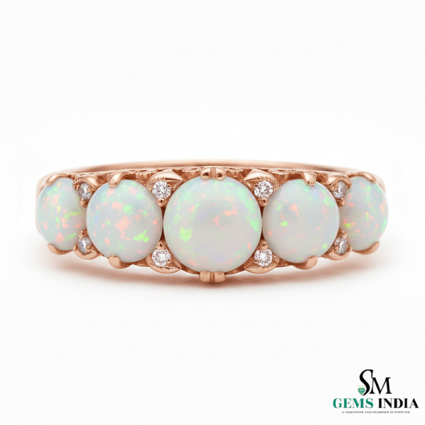 Round Opal and Diamond Band Ring in 14K Gold Eternity-Style Ring