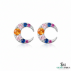 Rainbow Gemstone Crescent Moon Stud Earrings – Multicolor Sapphire & Diamond Accent Celestial Earrings