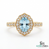 Vintage Oval Aquamarine Halo Ring with Diamond Accents Art Deco Inspired Engagement Ring