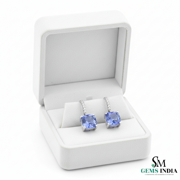 Elegant Cushion Cut Tanzanite Diamond Dangle Earrings in 18K Gold