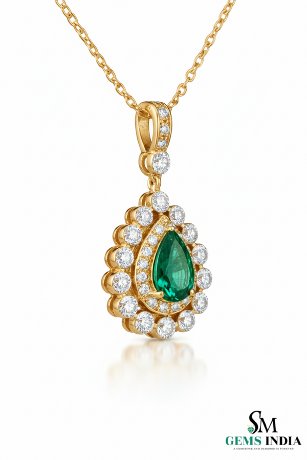Natural Green Emerald & Diamond Teardrop Pendant - Anniversary Gift