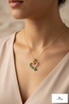 14K Gold Heart Pendant with Round Natural Emerald and Diamond Stones Luxury Gift for Woman