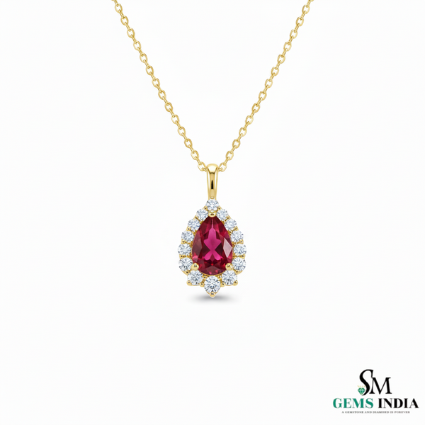 Pear Cut Natural Ruby and Diamond Halo Pendant in 14K gold