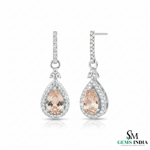 Pear-Shaped Morganite Diamond Halo Dangle Earrings - Pink Gemstone Drop Earrings