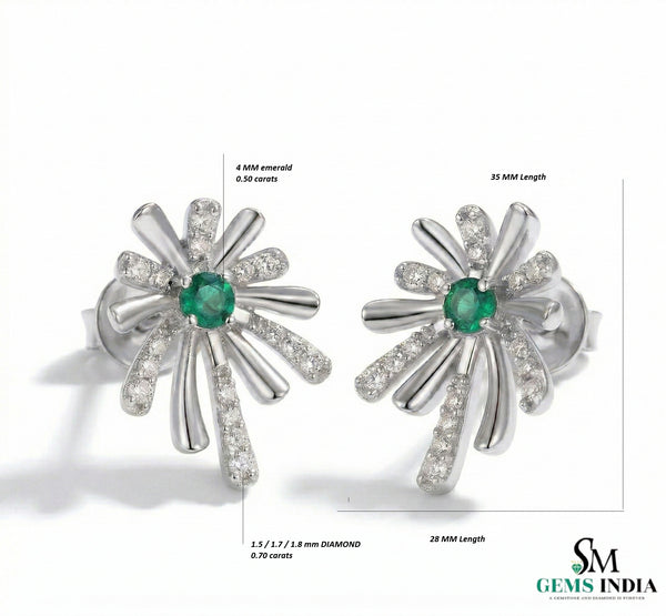 Emerald & Diamond Floral Burst Stud Earrings - Fine Emerald Jewelry