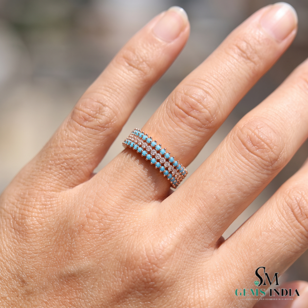 Turquoise Beaded Band Ring With Diamond Accent Rows - Gift For Her