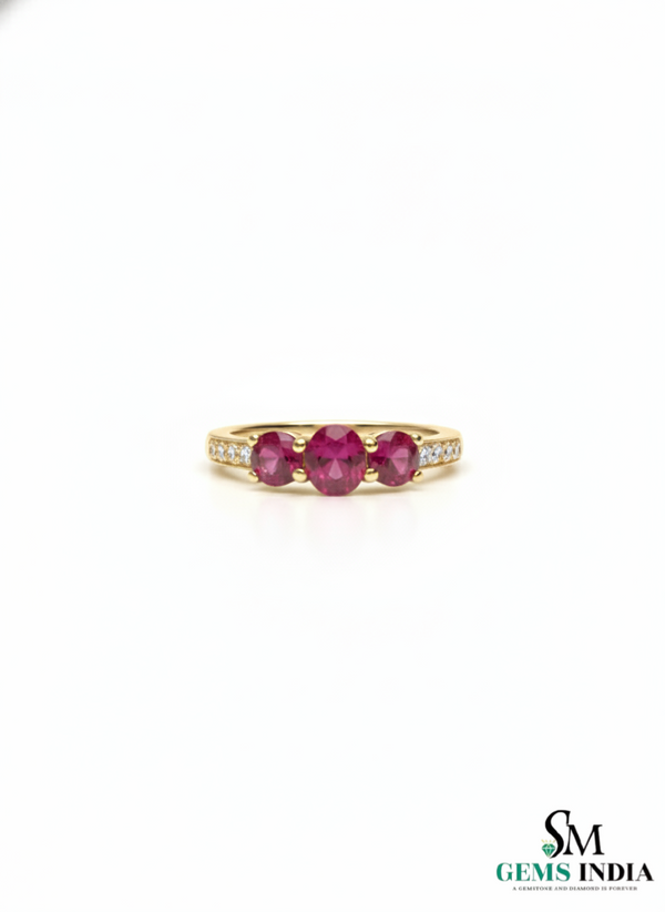 Minimalist Round Natural Ruby Three-Stone Diamond Ring Fine Jewelry Gift