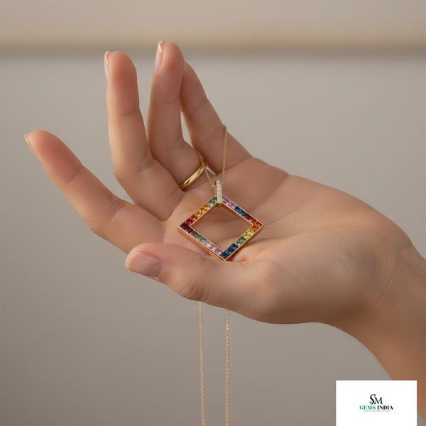Rainbow Square Pendant in 18k Gold Multicolor Gemstone Charm