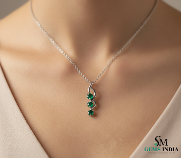 Three Stone Green Emerald Drop Twist Pendant - Halo Gemstone Pendant