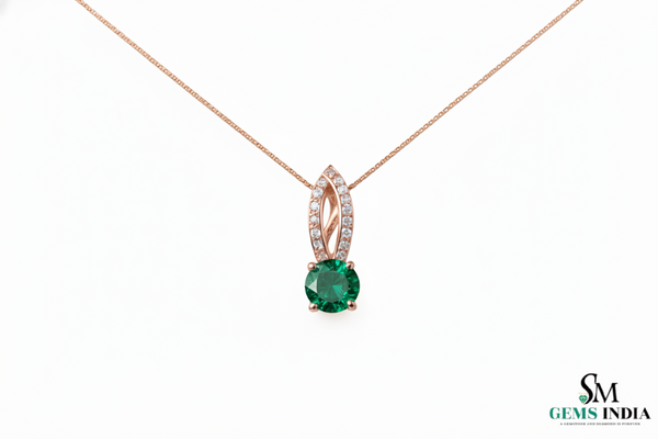 Round Faceted Emerald Solitaire Pendant with Diamond Loop - Green Gemstone Jewelry