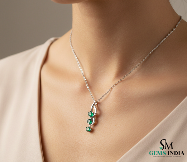 Three Stone Green Emerald Drop Twist Pendant - Halo Gemstone Pendant