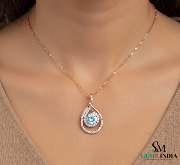 Classic Round Aquamarine Diamond Swirl Teardrop Pendant