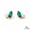 Marquise Cut Emerald & Pearl Stud Earrings – Green Gemstone Minimalist Fine Jewelry
