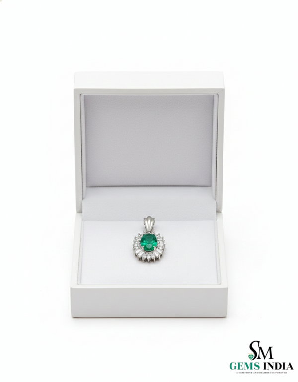 Oval Emerald & Diamond Halo Pendant - Vintage Sunburst Emerald Pendant