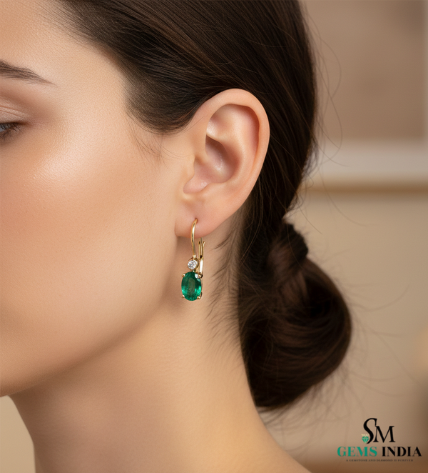 Oval Cut Green Emerald Drop Earrings with Diamond Accent– Classic Dangle Fine Jewelry