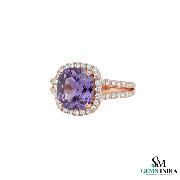 Cushion Cut Natural Amethyst & Diamond Halo Engagement Ring