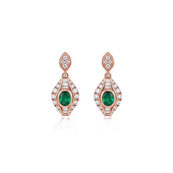 Elegant Oval Natural Emerald Teardrop Earrings Baguette Round Diamond Mix