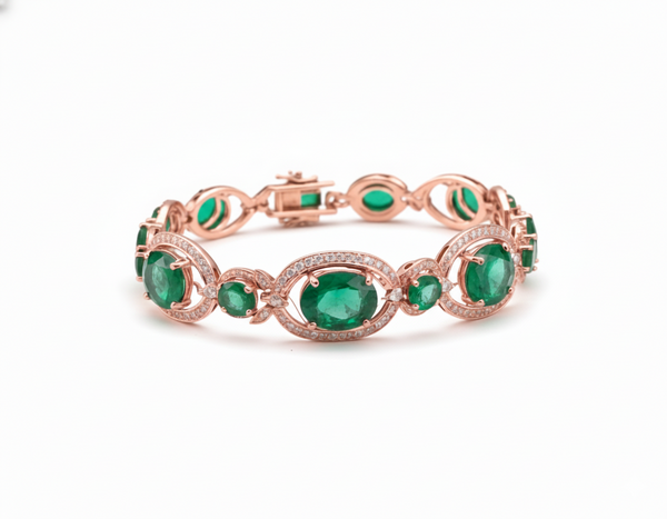 Natural Emerald oval cut Emerald and Diamond Bracelet: 18k Gold May Birthstone