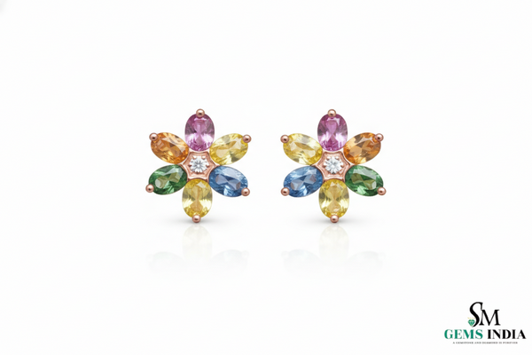 Oval Multicolor Gemstone Floral Stud Earrings – Diamond Center Rainbow Flower Earrings for Women