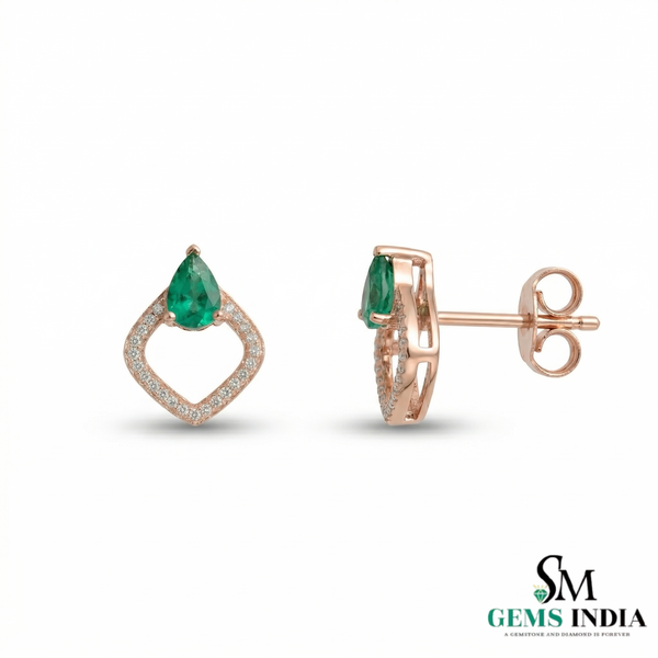 Luxury Pear Shape Emerald & Diamond Stud Earrings for Women