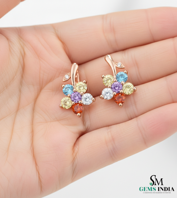 Multicolor Gemstone Flower Drop Earrings– Diamond Accent Floral Cluster Dangle Earrings for Women
