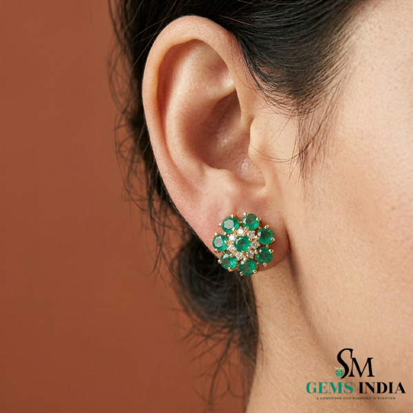 Luxury Round Emerald Cluster Stud Earrings – Diamond Floral Fine Jewelry