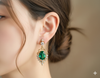 Oval shape Vintage style Natural Emerald & Diamond Drop Earrings in 14K Gold – Luxury Fine Jewelry