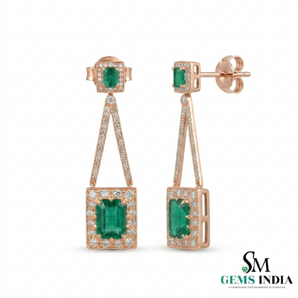 Luxury Emerald cut Emerald and Diamond Dangle Earrings – 14K Gold Statement Jewelry