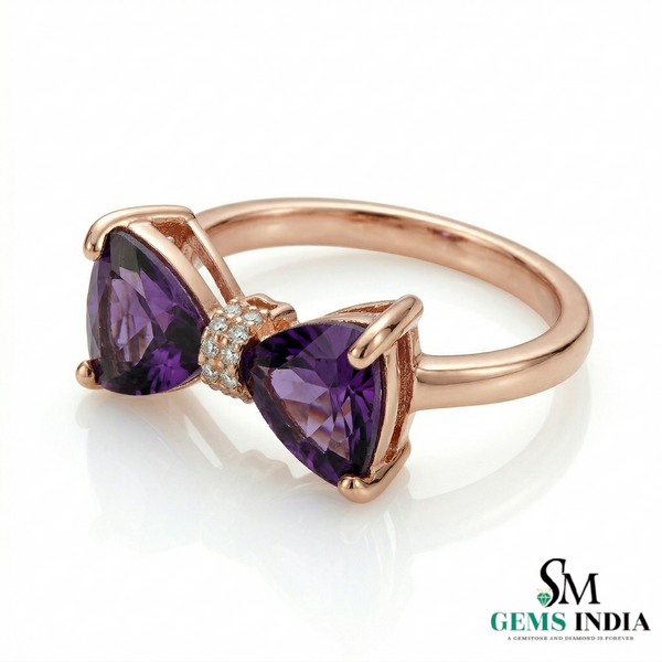 Double Trillion Cut Amethyst Bow Ring with Diamond Accent