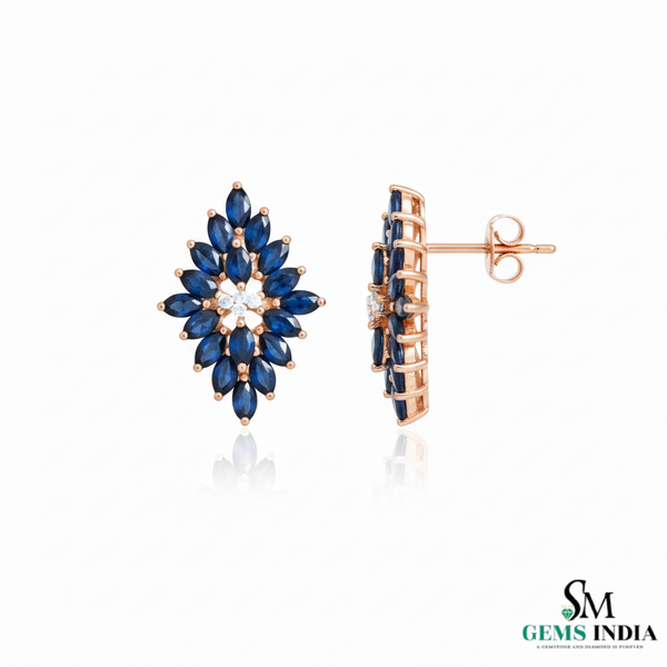 Marquise Cut Blue Sapphire & Diamond Cluster Stud Earrings - Luxury Sapphire Earrings