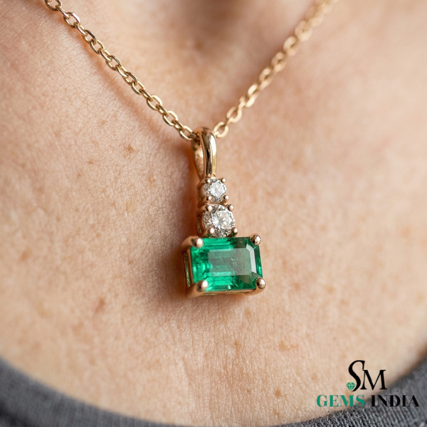 Emerald Cut Green Emerald Pendant with Double Round Diamond Accent