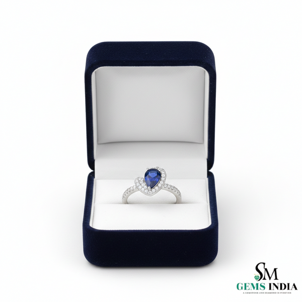 Pear Shape Blue Sapphire Diamond Ring with Heart Halo - Promise Ring