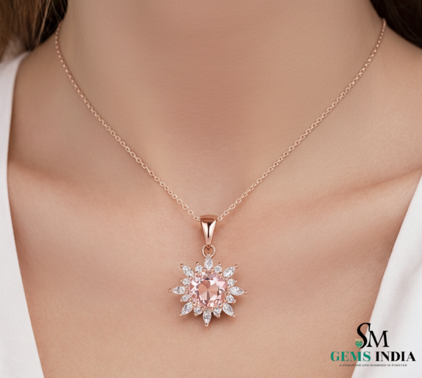 Round Pink Morganite & Diamond Halo Pendant - Morganite Diamond Pendant