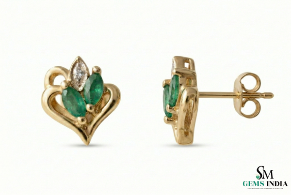 Marquise Emerald Heart Shaped Gold Stud Earrings