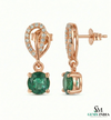 1.60 carat 14K Gold Round Natural Emerald and Diamond Teardrop Dangle Earrings
