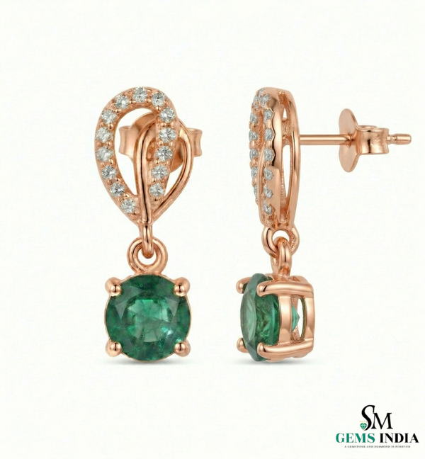 1.60 carat 14K Gold Round Natural Emerald and Diamond Teardrop Dangle Earrings