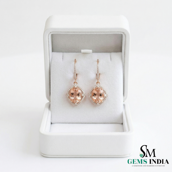 Oval Cut Morganite Halo Earrings with Diamond Accents – Elegant Bridal Dangle Jewelry