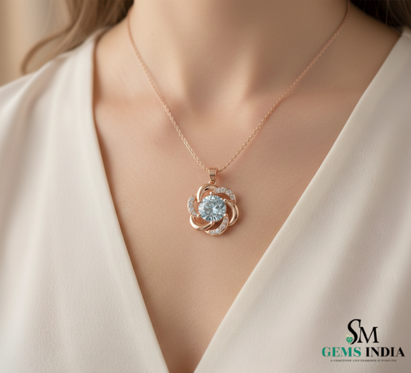 Round Aquamarine & Diamond Pendant - Blue Gemstone Jewelry