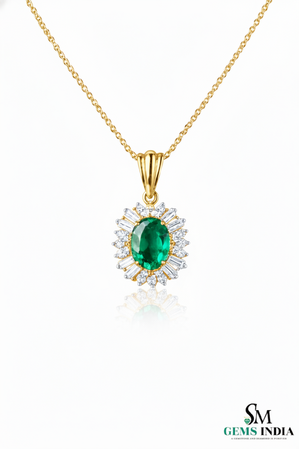 Oval Emerald & Diamond Halo Pendant - Vintage Sunburst Emerald Pendant