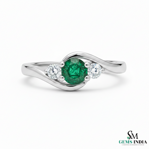 Round Natural Emerald Center Diamond Side Stone Curved Band Ring